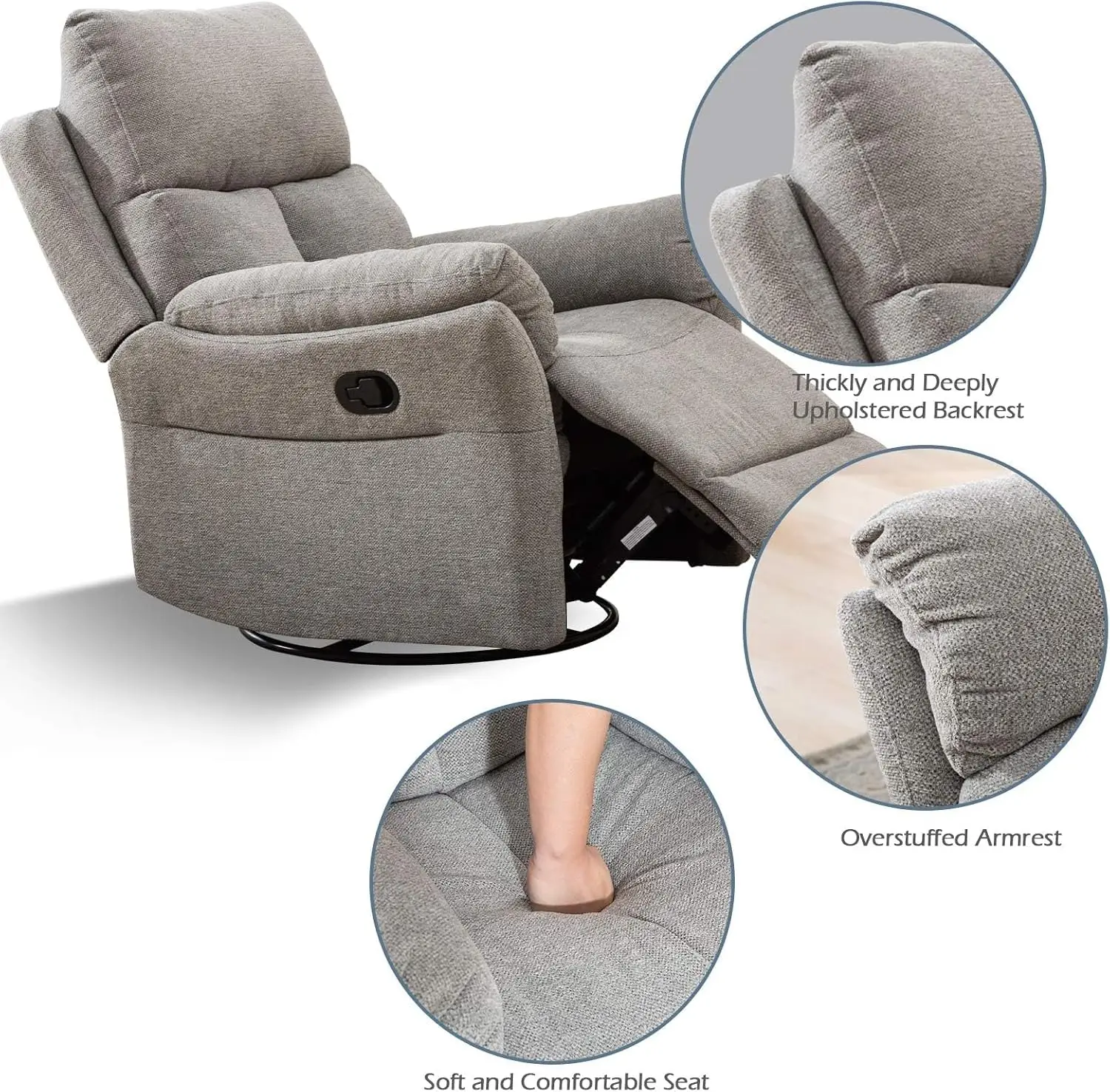 Swivel Rocker Recliner Chair, Manual Fabric Glider Nursery Recliner Chair, Single Rocking Modern Sofa 5 Swivel Rocker Recliner Chair, Manual Fabric Glider Nursery Recliner Chair, Single Rocking Modern Sofa 5